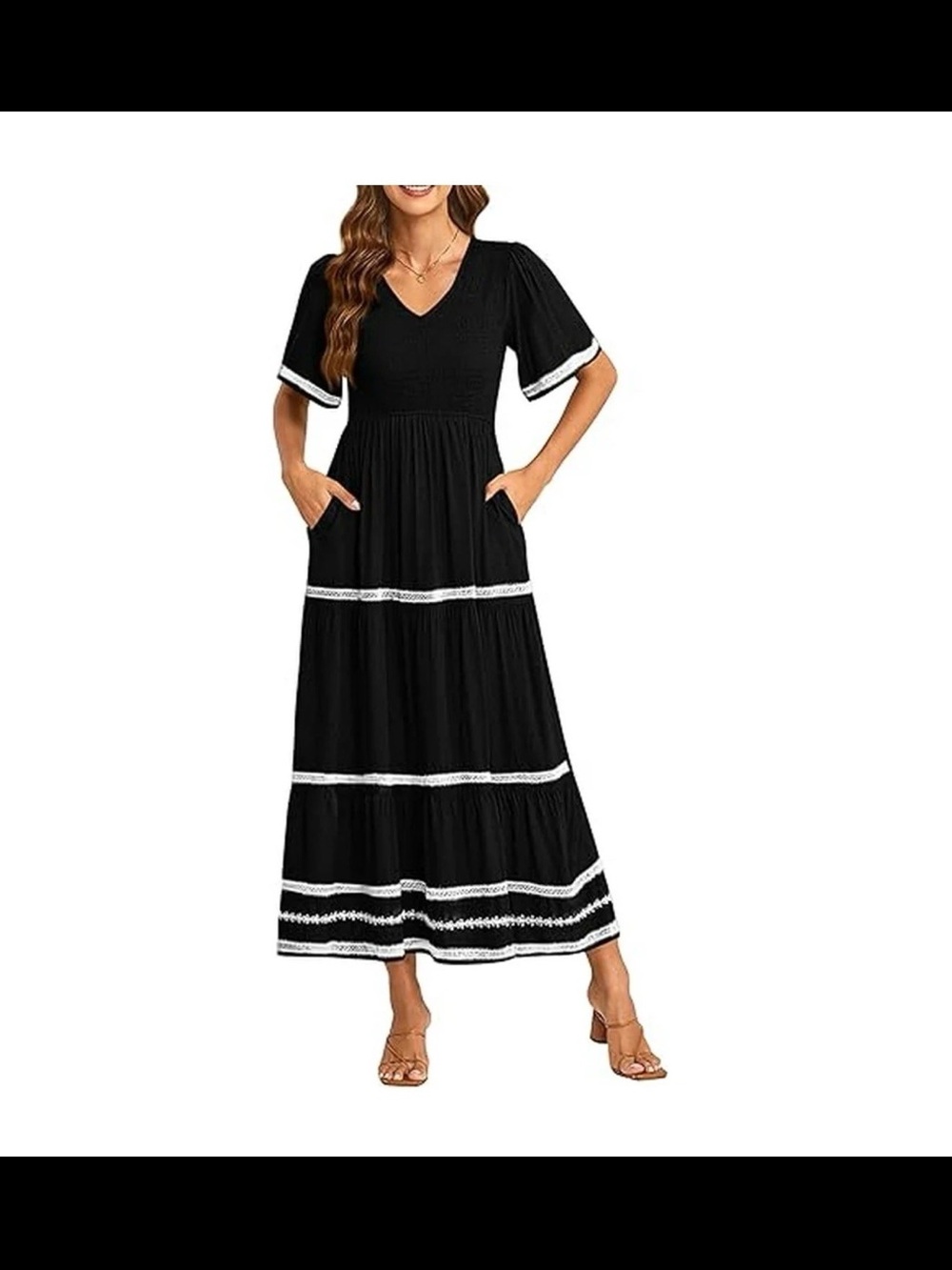 Black V-Neck Maxi Dress with White Lace Trim and Pockets